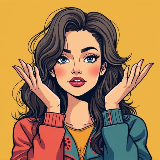 A young woman with long, flowing hair and expressive features. She is wearing a colorful jacket. Her hands are held up in a gesture of free expression. The background is bright yellow.