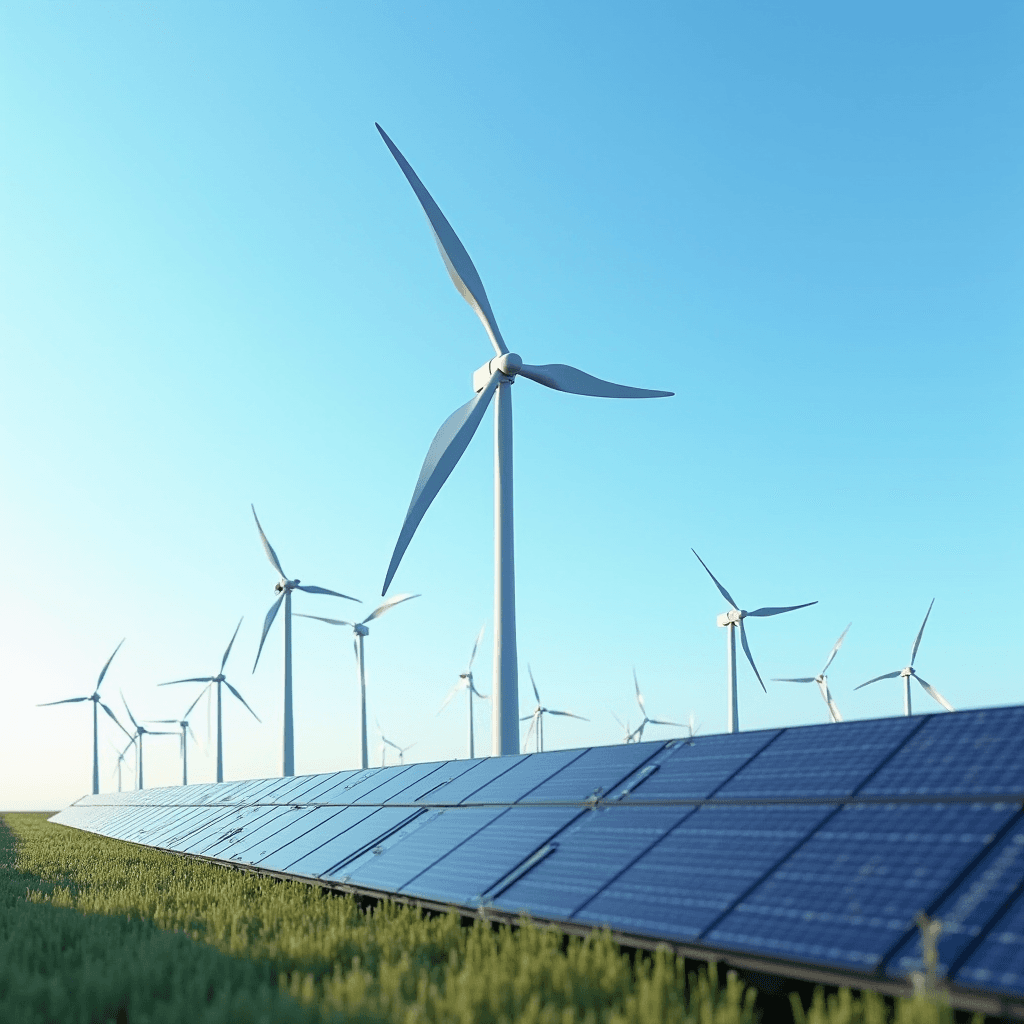 The image shows solar panels and wind turbines in a green field under a clear blue sky.