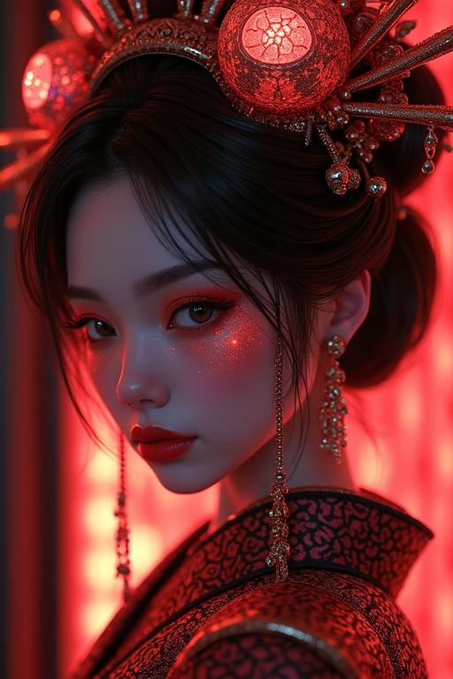 Highly detailed and intricate art in the style of Steve McDonald. Capture hyper realism in visible body parts. Close-up of a geisha with neon glowing makeup and holographic skull headdress. Blend red and gold cyberpunk aesthetics with dark fantasy and anime art style. Use soft neon lighting.