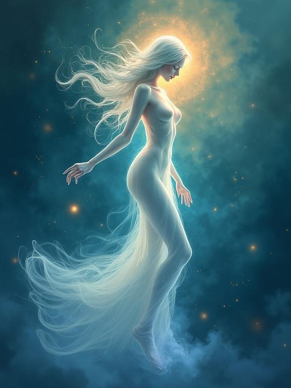 A contemporary abstract digital painting featuring a spectral female figure as the central focus. The woman's form is a translucent, shimmering vapor in shades of pale lavender and ice blue, her edges softly blurred, with golden light tracing her outline and forming a delicate halo. She floats serenely against a deep teal backdrop swirling with indistinct organic shapes resembling nebula clouds, accented with scattered points of warm amber light. Her form emanates a faint, ethereal glow, suggesting otherworldly beauty and quiet introspection.