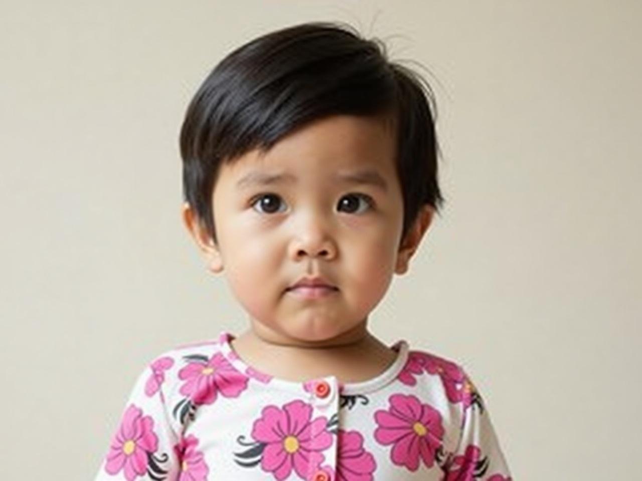 In the image, a young child is wearing a vibrant floral shirt with pink and white hues. The child has short black hair, styled neatly. Their expression appears calm and thoughtful. The background is a soft, neutral color, highlighting the child in the foreground. The focus is on the child's attire and hair, making for a cheerful and innocent appearance.