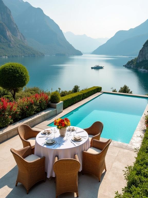 Outdoor dining setup beside an infinity pool with lakeside and mountain backdrop. Round table covered with white tablecloth has plates, glasses, cutlery, and colorful flower centerpiece. Four wicker chairs with beige cushions surround the table. Rectangular infinity pool with turquoise water blends with deep blue lake. Light-colored stone tiles border the pool. Lush greenery with manicured red and orange foliage surrounds. Background features serene lake and steep green mountains under pastel sky with white boat floating.