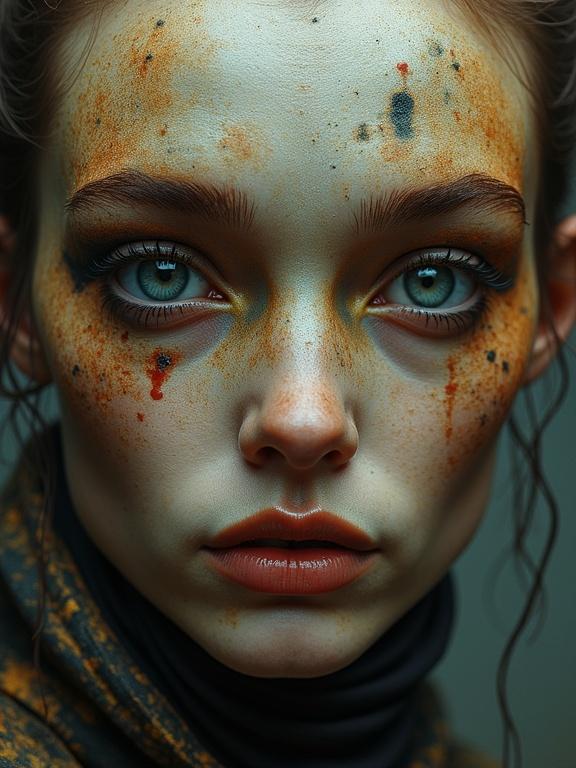 A humanoid alien with artistic makeup showcasing vibrant colors and textures. Close-up of facial features, emphasizing eyes and skin details.