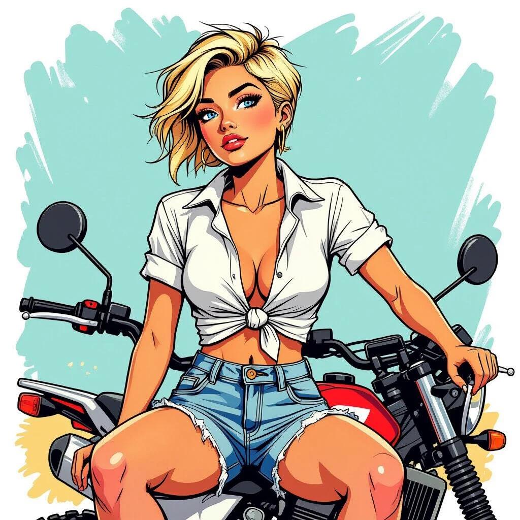 A young woman sits confidently on an off-road motorbike. She has a crew cut and straw-blonde hair. Her blue eyes show determination. She wears ripped denim shorts and an unbuttoned white shirt knotted at the front. She leans back slightly. The art style is semi-realistic comic with bold lines.