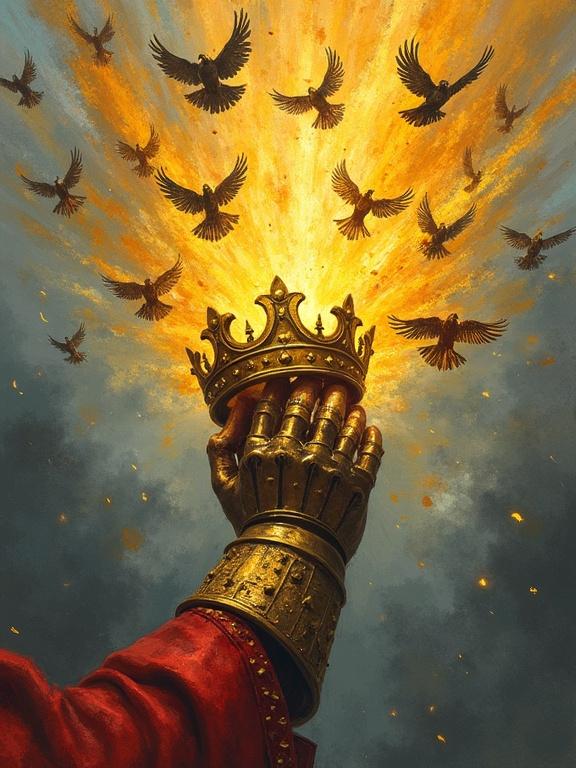 A gauntlet grips a king's crown. The crown is molten gold solidifying. Above it swarm skeletal sparrows. Their wings are ablaze as they surge upward. The image is an oil painting.
