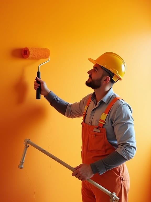 Male painter in a work uniform paints an orange wall with a roller brush