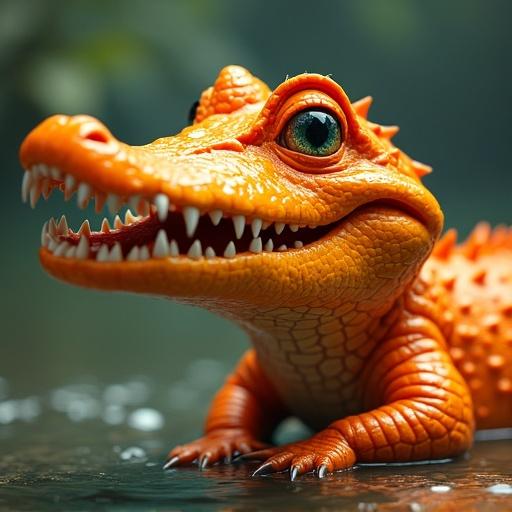 Hybrid creature in the form of an orange crocodile. Expressive eyes and sharp teeth. Playful and engaging pose. Set in a natural environment with soft lighting. Focus on details.