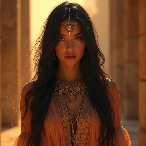 A hyper-realistic depiction of a goddess inspired by Ishtar. Long flowing dark hair. Golden jewelry and ancient Mesopotamian robes. Glowing eyes show obsession and love. Soft radiant skin. Standing in a temple of blood-stained marble and golden light. Expression is tender. Eyes reveal possessiveness. Mix of beauty and madness. Ethereal and sacred. Fantasy realism with dramatic cinematic lighting.