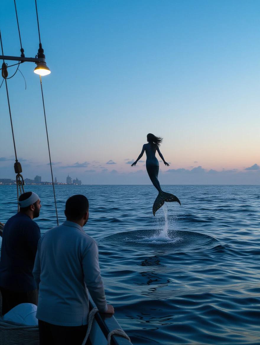 Fishermen on the Israeli coast at dusk look in awe at a female figure with a fish tail jumping into the sea. The image has a documentary style with dark blue tones.