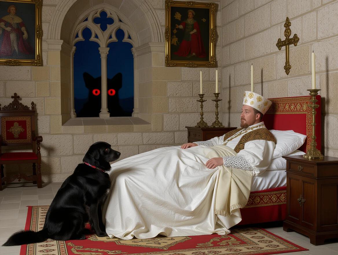 King Felipe II lies in his bed at El Escorial monastery during the night in the 16th century. A black dog with red eyes appears to be watching him from the shadows.