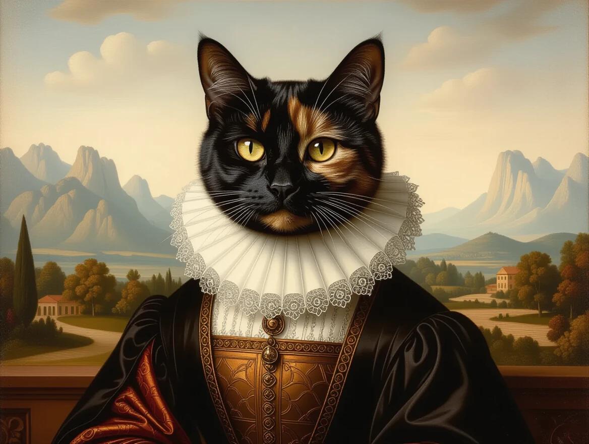 Regal tortoiseshell cat smiles enigmatically. Positioned in three-quarter view. Background features misty landscape. Cat wears Renaissance-era clothing. Intricate fabric details. Leonardo da Vinci's sfumato technique used. Light and shadow gradations present. Cat has mysterious amber eyes and expression. Oil painting style. Masterpiece composition reflects Italian Renaissance.