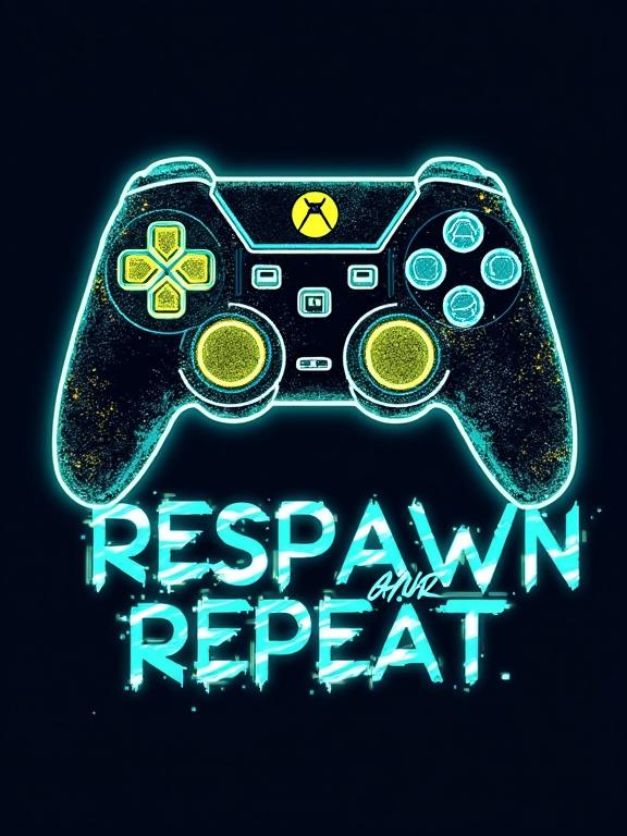 Futuristic neon t-shirt design featuring a stylized game controller with glowing circuit patterns. Bold glitch typography says Respawn and Repeat. Colors are vibrant electric blue and lime green. Design reflects cyberpunk and Y2K influences with a minimalist background. Aimed at young gamers.