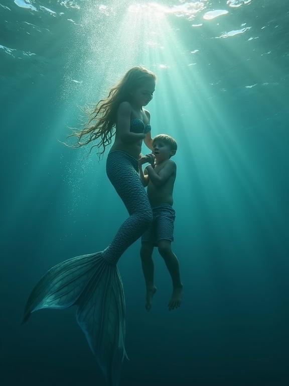 Highly realistic cinematic scene of child drowning in ocean. Child struggling underwater. Magical mermaid appears to save him. Mermaid with shimmering scales and glowing eyes lifts the child. Deep blue ocean with sunlight rays. Realistic water effects and emotional expressions. High-definition cinematic quality.