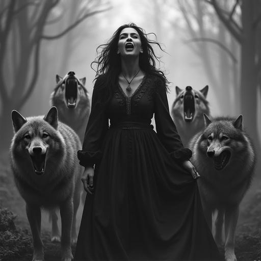 Dark fantasy scene features a fierce beautiful modern Turkish woman in a traditional 7th-century dress. Surrounded by snarling wolves. She screams or howls with the wolves. Her hair flows wildly. Eyes are intense. Mouth open in a primal roar. Misty barren forest in the background. Monochrome black and white color palette. Mood is intense raw mystical. Symbolizing a deep supernatural bond between her and the wolves.