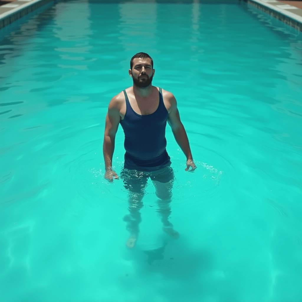 A man in a blue outfit is standing in a calm swimming pool.