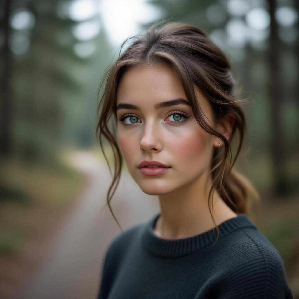 Cinematic film still captures pensive young woman in her early 20s. She has fair skin and natural light brown hair. Eyes are piercing blue-green. Medium close-up shot shows her looking slightly off-camera with a neutral expression. She wears a simple dark charcoal gray wool sweater. Background features a soft-focus blurry path in a forest on an overcast day. Lighting is soft and diffused for atmospheric feel. Color palette is muted and desaturated with earthy tones. Shot on 35mm film with subtle grain and sharp focus on the subject.