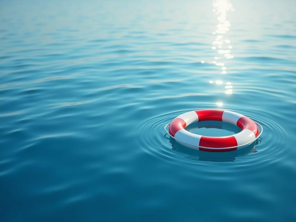 A lifebuoy rescue ring floats on a calm blue water surface. The water is still, with gentle ripples spreading out from the buoy. The lifebuoy is white with bright red accents, creating a strong visual contrast against the blue water. The overall scene evokes a sense of safety and hope. The sun's reflection sparkles faintly on the water's surface. This image symbolizes rescue and security in a peaceful setting. The background is blurred to emphasize the lifebuoy in the foreground.