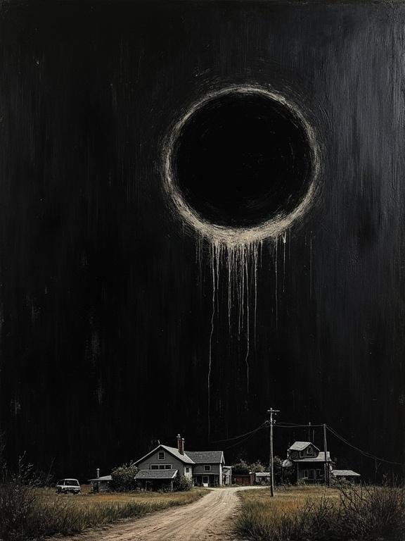 An extremely rough oil painting with a black background. A giant eye silhouette at the top corner filled with a cosmic void. A small rural town sketched at the bottom. The title 'That Familiar Static' and 'H. Bellerose' written in the background behind the town.
