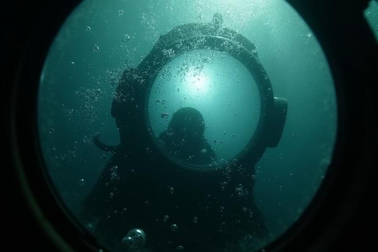First-person view through a fogged steampunk diving helmet visor. Staring at surface light filtering through dark ocean water. Bubbles rising slowly. Ultra realistic and cinematic lighting. Murky shadows create suspenseful atmosphere.