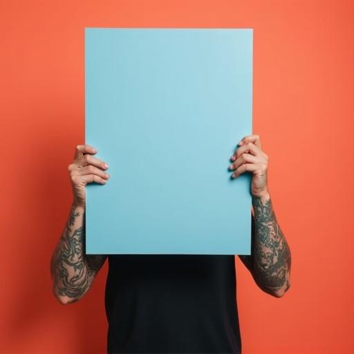 Portrait of a person from the chest up wearing a black t-shirt against a coral orange background. Solid light blue sign held in front of the face. Heavily tattooed arms visible. Soft, even lighting with no shadows. Ultra-detailed, photorealistic.