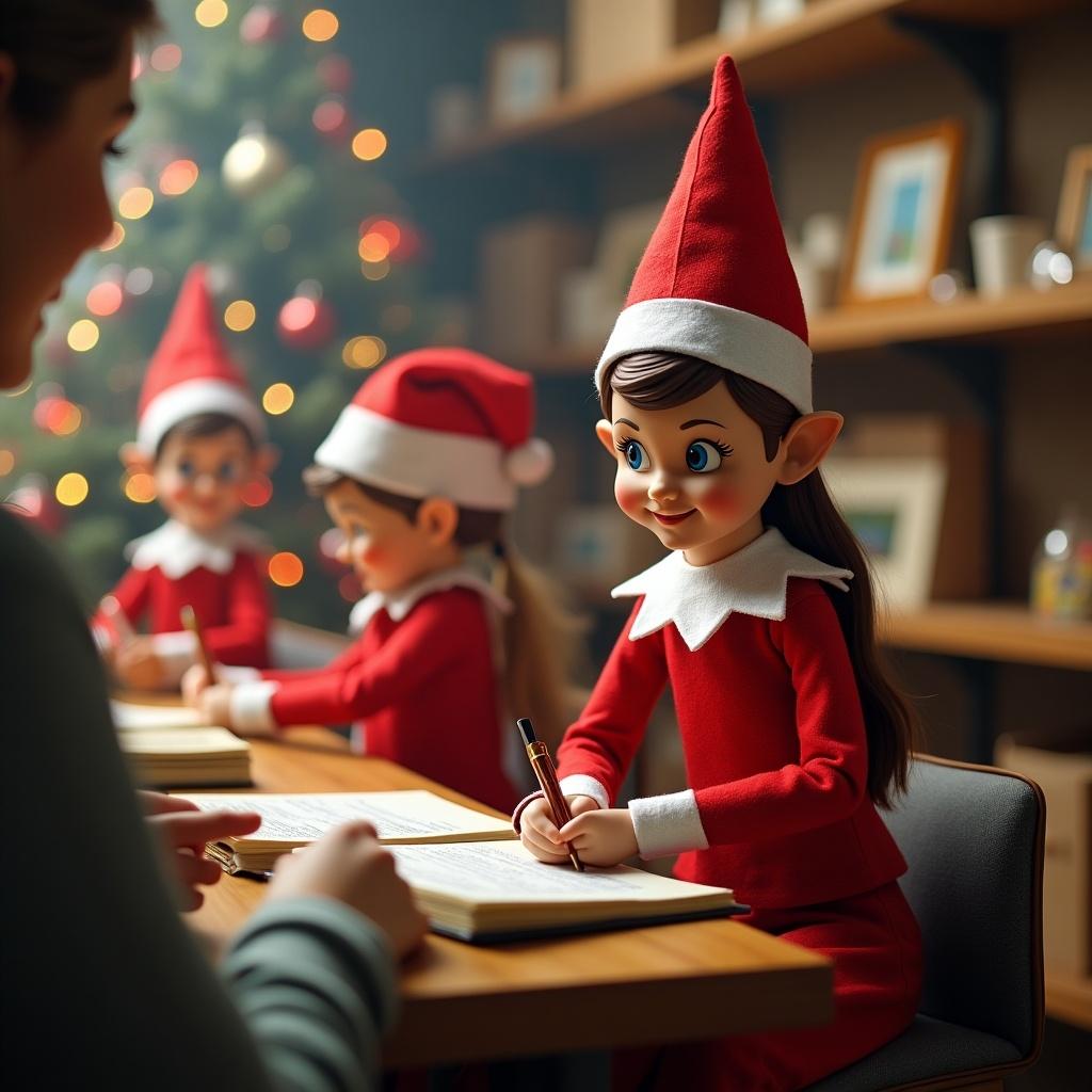 A girl elf on a shelf works at a workspace with other elves. Santa is nearby watching them happily.