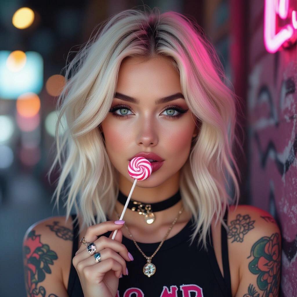 Create a captivating digital illustration of a woman with blonde hair holding a lollipop. The woman has tattoos and a fashionable look against a dark neon background. She displays an engaging expression.
