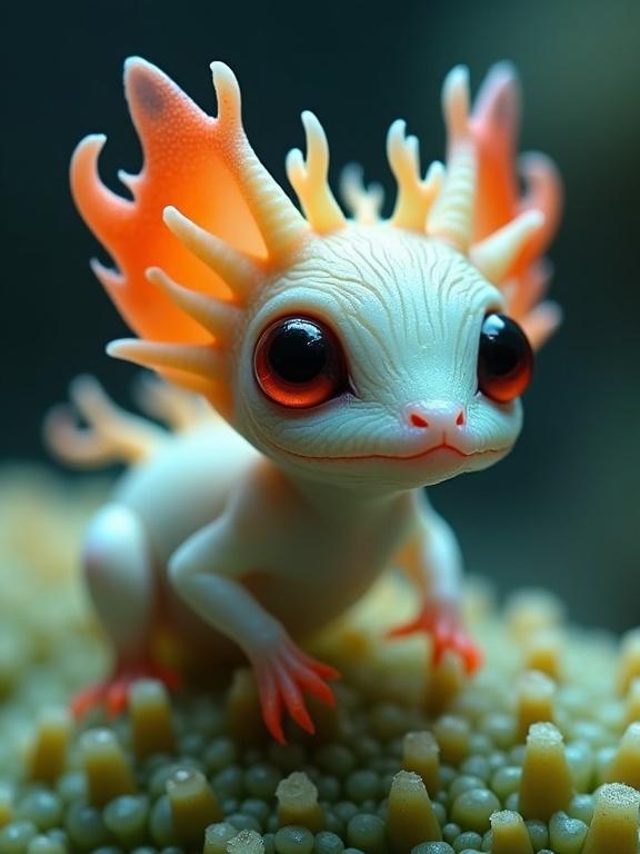 A detailed description of a fantastical creature. It has pale bluish-white skin with soft yellow-orange patterns. Features large red eyes and a unique crown of spiky structures. Delicate limbs and claws with orange tips. The creature is on a green plant, suggesting an exotic habitat.