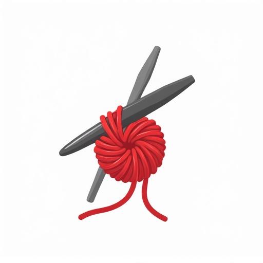 Logo featuring a grey crochet hook and a ball of red yarn on a white background.