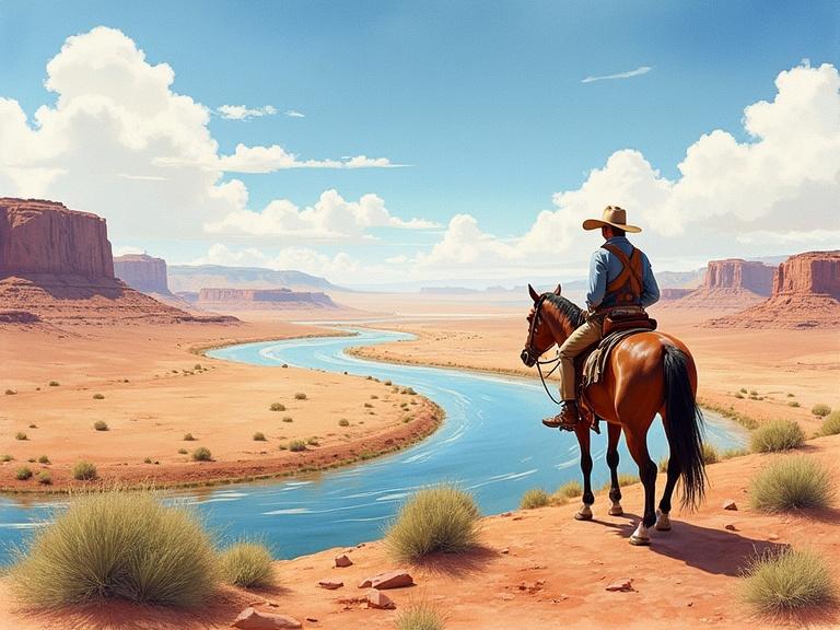 Cinematic watercolor painting of a lone cowboy on horseback. Cowboy overlooks a winding river in a vast desert landscape. American Southwest scenery features wide open skies with scattered clouds and sandstone cliffs. Sparse desert vegetation like yucca and sagebrush surrounds. Cowboy wears a wide-brimmed hat and traditional western attire, gazing into the horizon. Scene evokes a sense of solitude, exploration, and timeless Americana. Rendered in realistic but painterly style, warm desert tones and soft natural light.