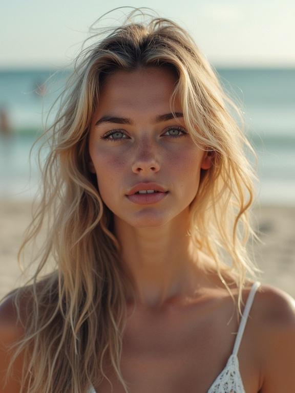 Close-up portrait of an 18-year-old woman at the beach. She has long blonde hair and is facing the camera. Soft lighting highlights her features. Beach background with soft waves in the distance.