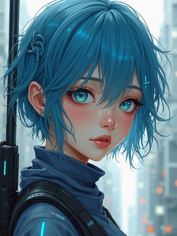 Delicate portrait of a young cyberpunk girl with wavy short blue hair. Soft painterly style blending watercolor and oil painting. Expressive blue eyes with neon glow and light freckles. Muted pastel tones contrasted with cyberpunk neon. Semi-realistic anime influence with soft shadows and natural lighting. Dreamy melancholic atmosphere with organic brushwork. High-tech cybernetic implants and glowing tattoos. Cybernetic ear modifications and glowing cables integrated. Futuristic guns in the background. Dystopian cityscape softly blurred.