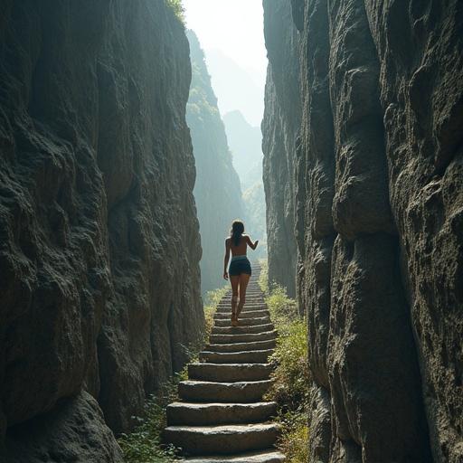 A woman is ascending a narrow, winding staircase carved into a towering cliff face. The stairs stretch upwards between large cliffs, creating a dramatic chasm. The woman appears determined, adding a sense of vulnerability against the landscape. The scene has a dramatic light with sunlight filtering down, enhancing the adventurous feel.