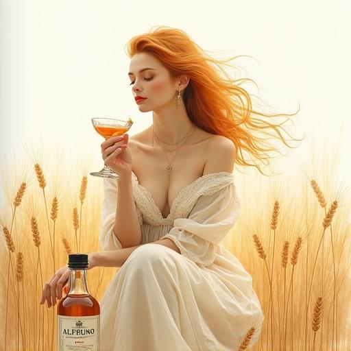 Minimalist ink and watercolor painting of a modern Ceres goddess with golden-reddish hair sitting in a barley field. She holds a cocktail glass at chest level. A lower apothecary bottle labeled 'ALFRUNO' filled with shimmering elixir is nearby. The style is inspired by traditional Japanese watercolor painting. Evokes mystery and tranquility with a limited color palette.