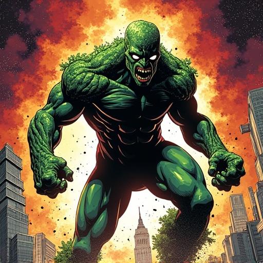 Create a groundbreaking comic book illustration featuring Arugula Man in a dynamic pose. Incorporate elements of Jack Kirby's legendary monster comic style. Use exceptional typography and strategic camera angles. Include modern comic art techniques and visual effects.