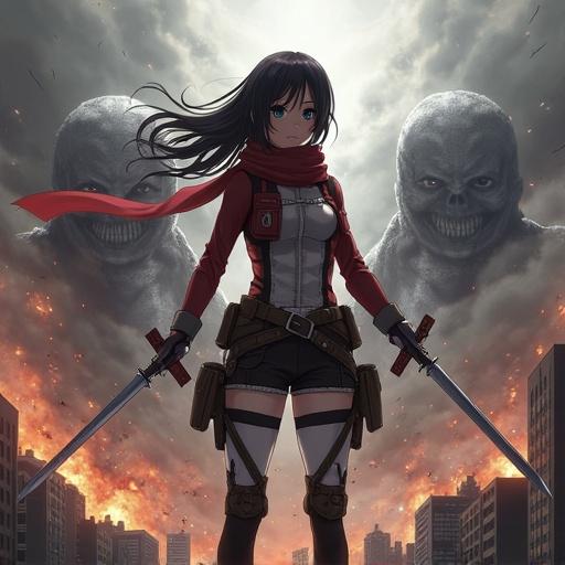 Dramatic anime scene features Mikasa Ackerman in full battle uniform with red scarf. She stands in foreground holding dual swords, hair blowing in wind. Background shows massive Titans fighting in a ruined city filled with fire and chaos. Atmosphere dark and tense with cinematic lighting. Highly detailed realistic anime style.