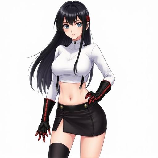 Digital illustration of female character in anime style. Character has long black hair and fair skin. She wears a white crop top and black mini skirt. Accessories include black and red gloves and boots. Pose is dynamic with one hand on hip. Style is sleek and modern with attention to detail.