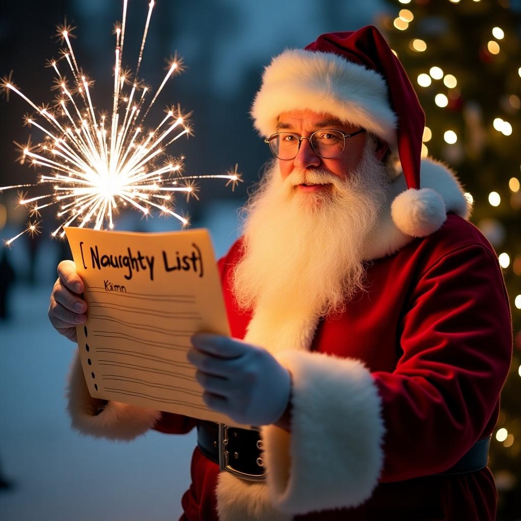 Santa holding a naughty list with the name Kim. The list mentions smuggling fireworks from Montreal. A sparkler is lit in his hand. Snowy environment, Christmas tree in the background.