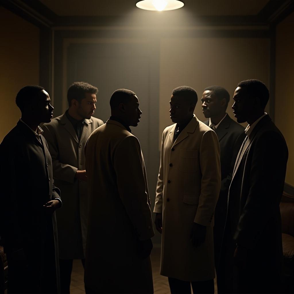 A group of six men stand in a dimly lit room. They are engaged in a serious discussion with a light above highlighting their faces. The atmosphere is tense and contemplative.