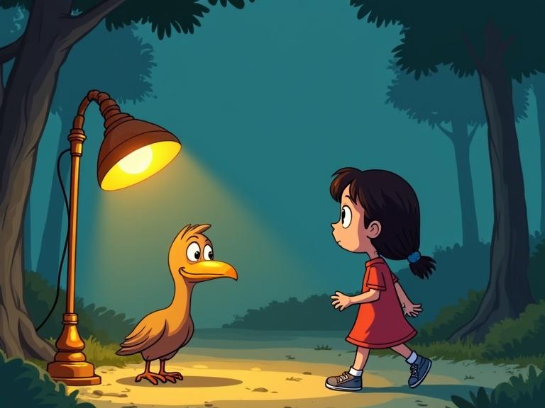 Cartoon scene of a girl encountering a strange bird under a street lamp in the forest at night. The girl looks astonished while facing the bird.