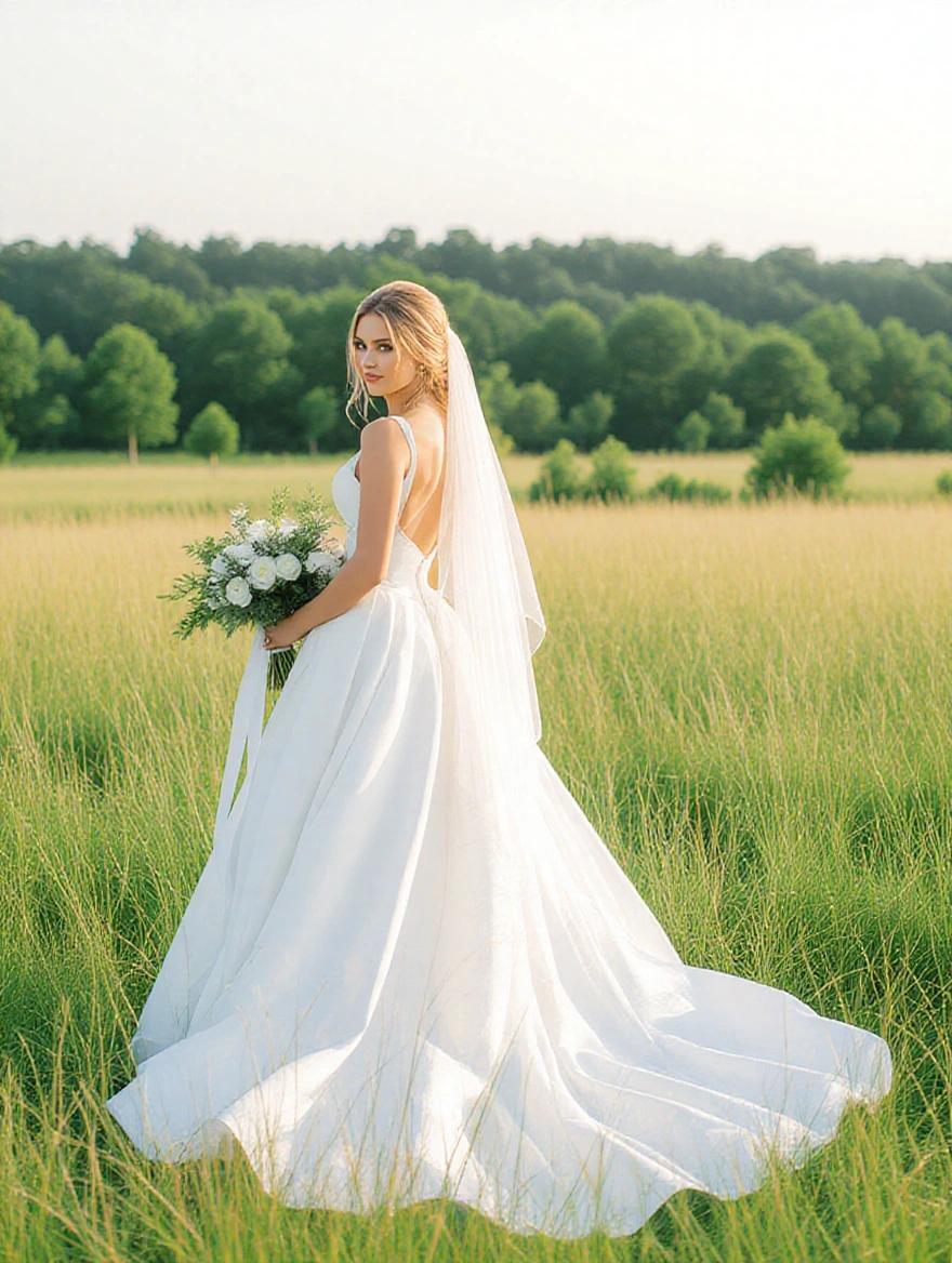 A bride stands in a field wearing a beautiful white wedding gown. The gown has a fitted bodice and a flowing skirt. She holds a bouquet of flowers and wears a veil. The background features green trees under a soft, bright sky.