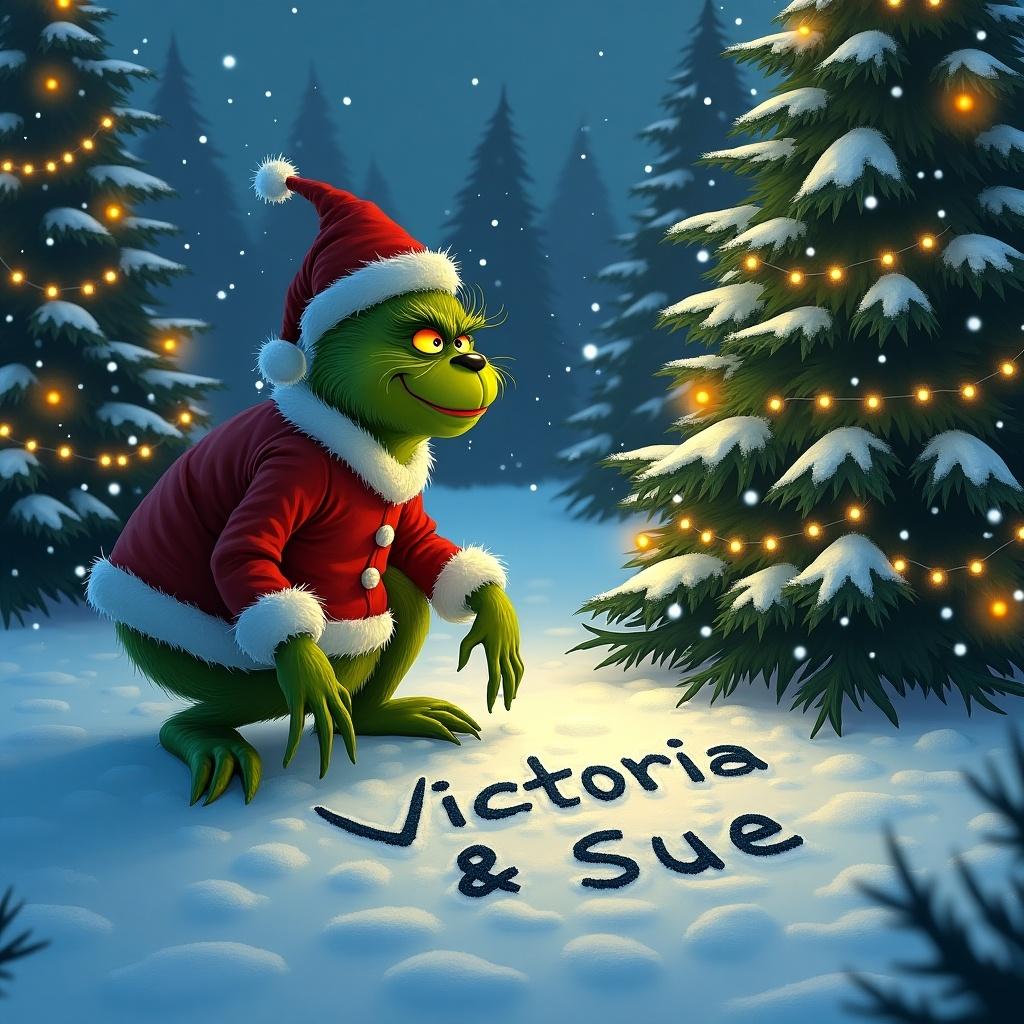 The Grinch is outdoors surrounded by Christmas trees. Snow covers the ground. The Grinch is writing names Victoria and Sue in the snow. Lights adorn the trees.