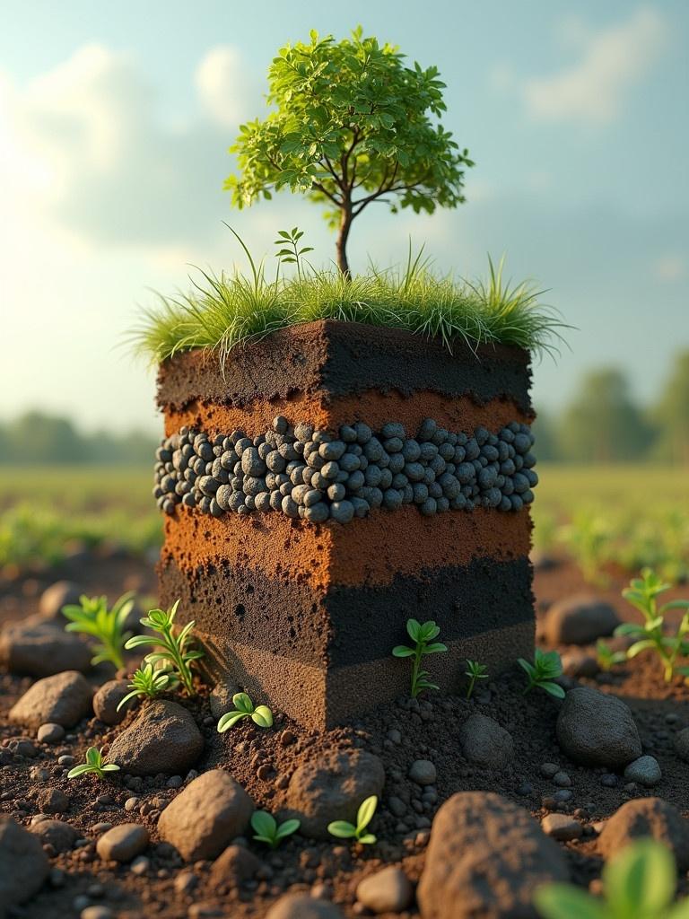 Three-dimensional representation of six distinct soil layers. A small tree sprouts from the topmost layer. Each layer shows variation in materials like gravel and soil. The surrounding area is a field with small green plants.