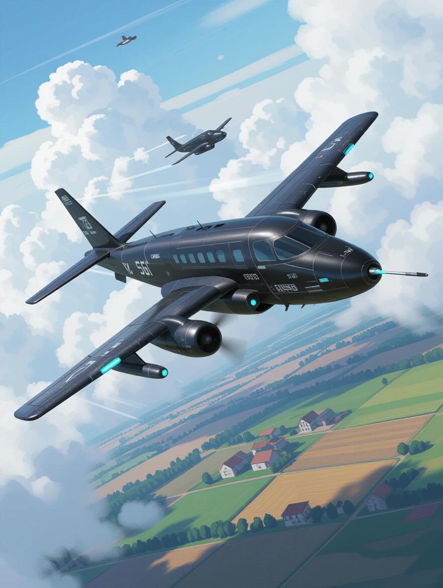 A medium-sized black plane designed with ultra-futuristic cyberpunk aesthetics. The plane flies high over a rural area populated with fields and houses. The aircraft is surrounded by dynamic clouds in a clear blue sky.