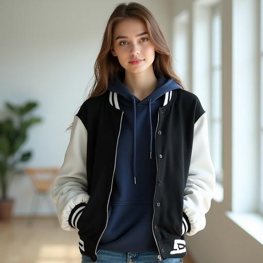 Young woman stands in a modern bright room. She wears a black and white varsity jacket over a zipped navy hoodie. Denim shorts are partially unbuttoned. Long straight brown hair is styled casually. Natural light floods the room. The overall pose is confident and relaxed.