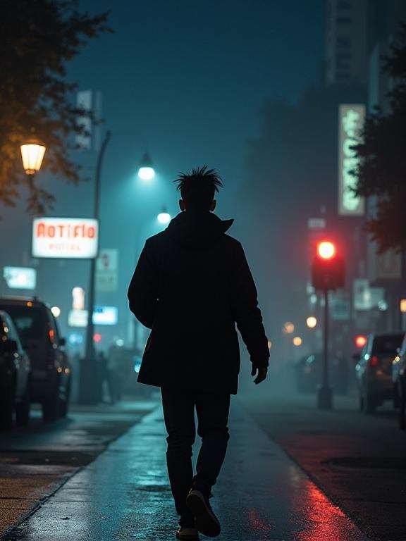 Silhouette of a man walking alone in a city at night. Urban atmosphere with streetlights and neon signs. Fog adds to the ambiance.