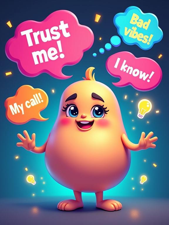 Adorable anthropomorphic human belly character with large expressive eyes and cheerful mouth. Surrounded by colorful speech bubbles saying 'Trust me!', 'Bad vibes!', 'I know!', 'My call!'. Soft glowing aura gives a charming look. Whimsical cartoon style with bright neon colors.