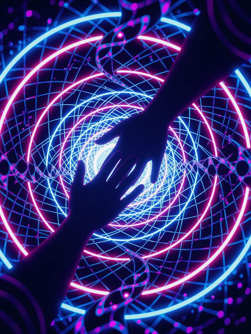 Abstract image of two hands reaching out to grasp a moment in a vibrant swirling light pattern. Incorporates neon colors and bokeh elements. The design portrays themes of time and eternity with an antigravity aura.