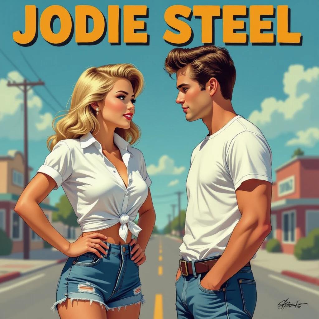 Comic strip style shows confident blonde woman face to face with man. Woman wears knotted white shirt and ripped denim shorts. Black motorcycle boots enhance her fashion. Man in white T-shirt is shorter than her. Bright colors enhance the scene.