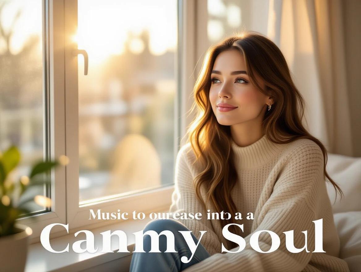 Beautiful young woman sitting by a sunlit window. Cozy modern interior with soft lighting and morning glow. Calm and relaxed expression showcasing a dreamy vibe. Cinematic style reflecting contemporary R&B mood. Blurred background for contrast.