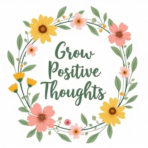 Delicate boho-style wildflower bouquet illustration. Soft pink flowers, yellow and green flowers with thin leaves arranged in a circular frame. Text 'Grow Positive Thoughts' in a handwritten cursive font, muted sage green color. Vintage cottagecore aesthetic, slightly distressed texture. High-resolution, suitable for t-shirts, minimal shadows.